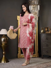 Women's Pink Ethnic Printed Cotton Blend Straight Kurta Pant Dupatta Set-KPDPINKJUNA